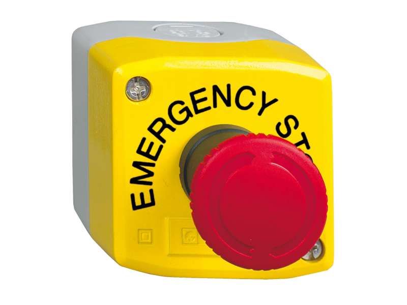 Schneider Electric Control station, Harmony XALK, plastic, yellow lid, 1 red mushroom push button 40mm, turn to release, 1NO + 2NC, marked EMERGENC