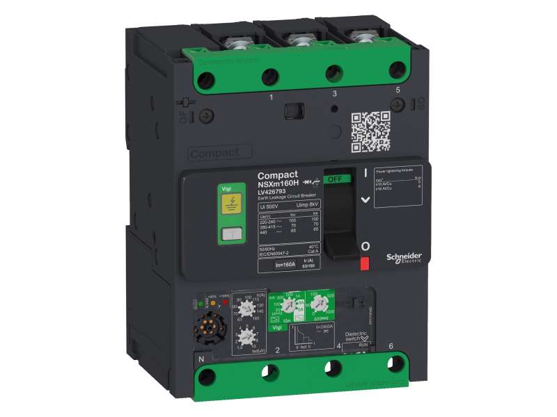 Schneider Electric Prekidač Compact NSXm E (16 kA na 415 VAC), 3P, 100 A Micrologic Vigi 4.1 zaštitna jedinica, kompresione stopice i priključci za