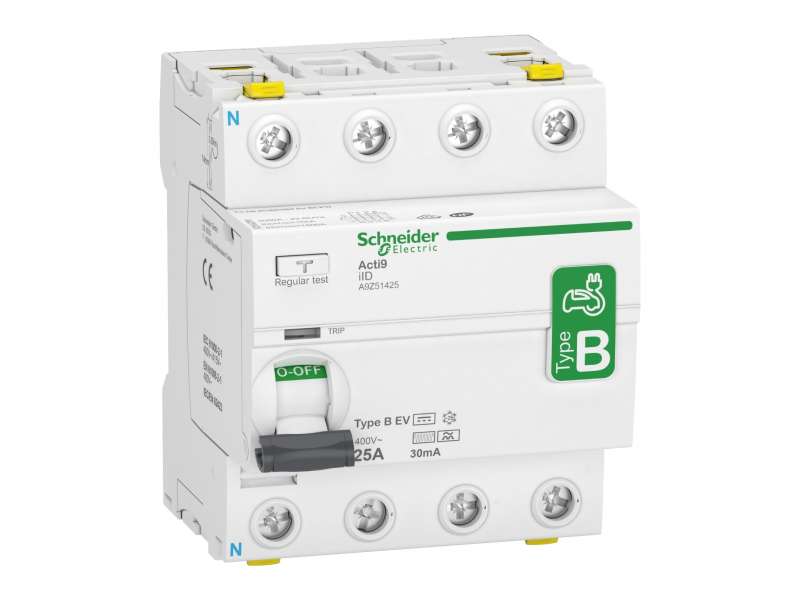 Schneider Electric Residual current circuit breaker (RCCB), Acti9 iID, 4P, 25A, B-EV (Electric Vehicle) type, 30mA, double terminal; A9Z51425